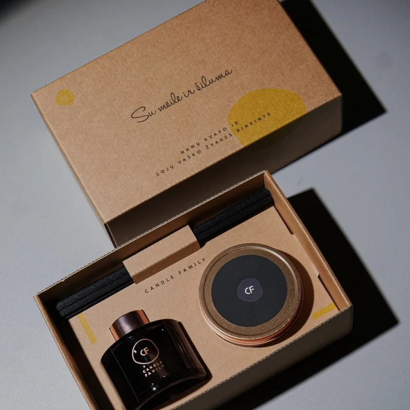 dovanų rinkinys, žvakė, namų kvapas su lazdelėmis